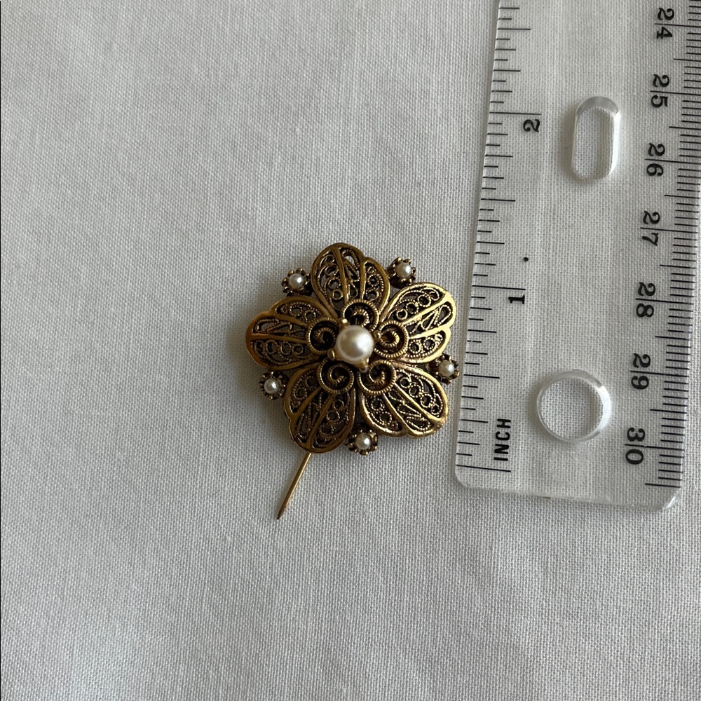 Gold Filigree Brooch with Pearl Accents